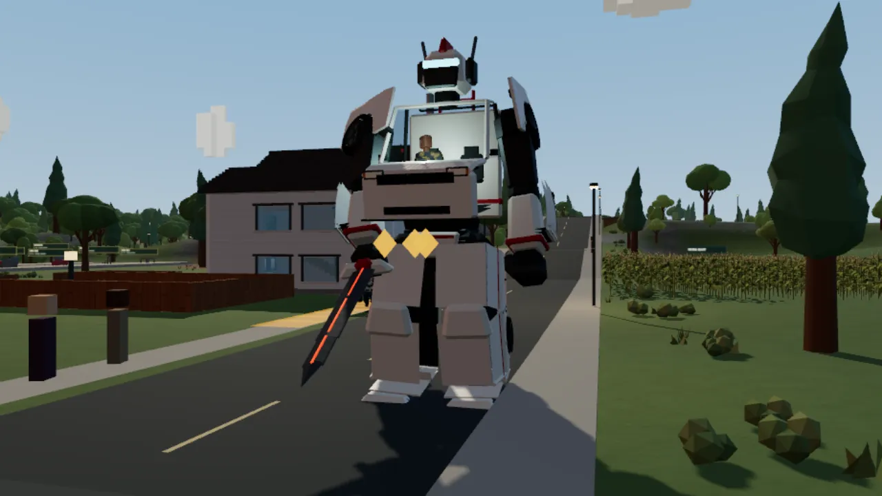 VAN-BOT, a white utility van unfolded into a standing robot, holds a long blade with a glowing red edge on a suburban road. The driver is visible in the cab in its chest.